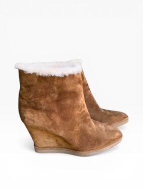 Tamara Mellon Made in Italy Suede Wedge Boots with Faux Fur Lining Brown Sz 36.5